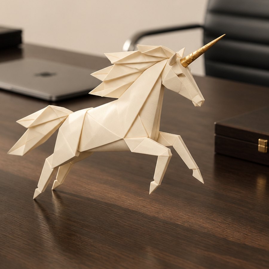 An origami unicorn folded from ivory paper, its horn finished in gold leaf, mid-stride on a dark wood desk.